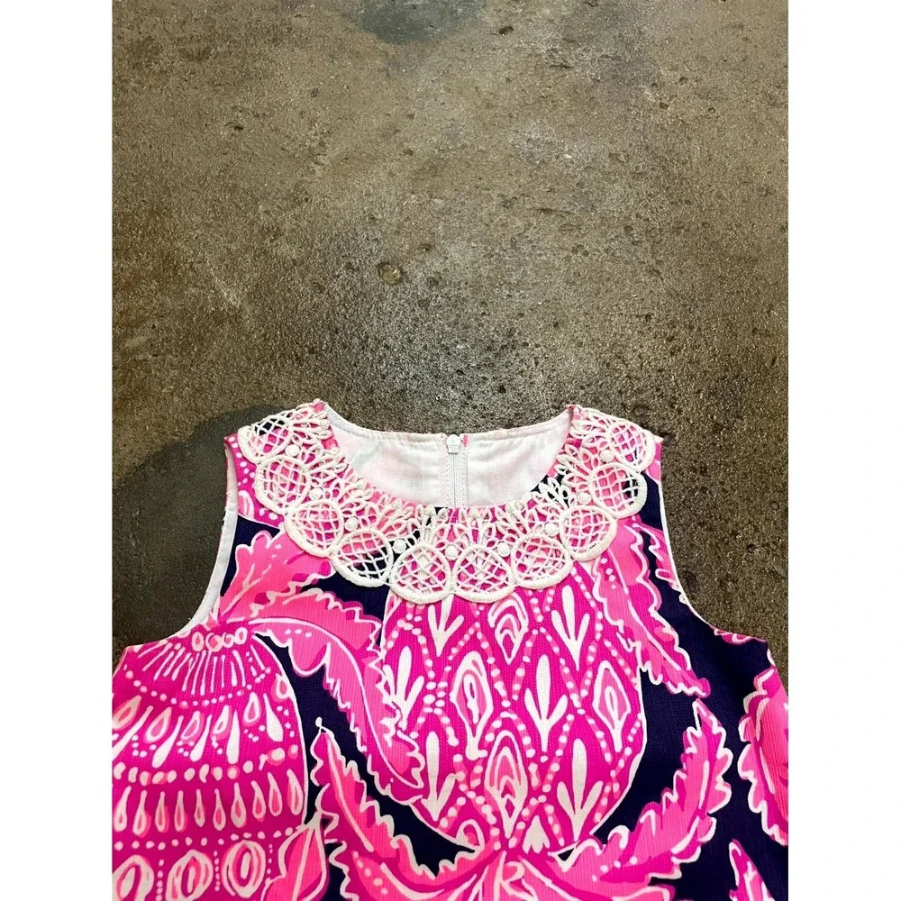 Lilly Pulitzer Shift Dress Girls 3 Multicolor‎ Pineapple Lace Collar Back Zip